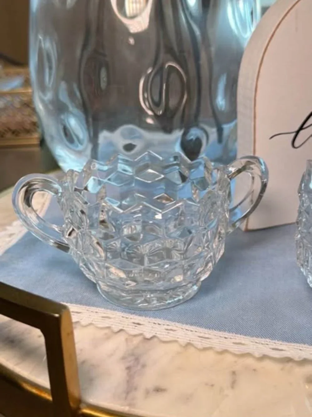 Vintage Diamond Cut Glass Creamer and Sugar Bowl Set